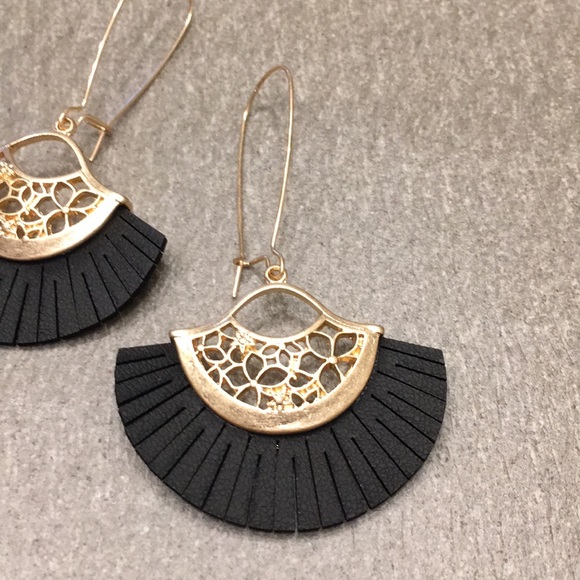 *Last Pair* Matte Gold & Leather Fringe Earrings - Picture 2 of 2